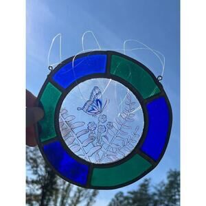 Round Butterfly Floral Stained Glass Window Sun Catcher. Blue.green. 7"